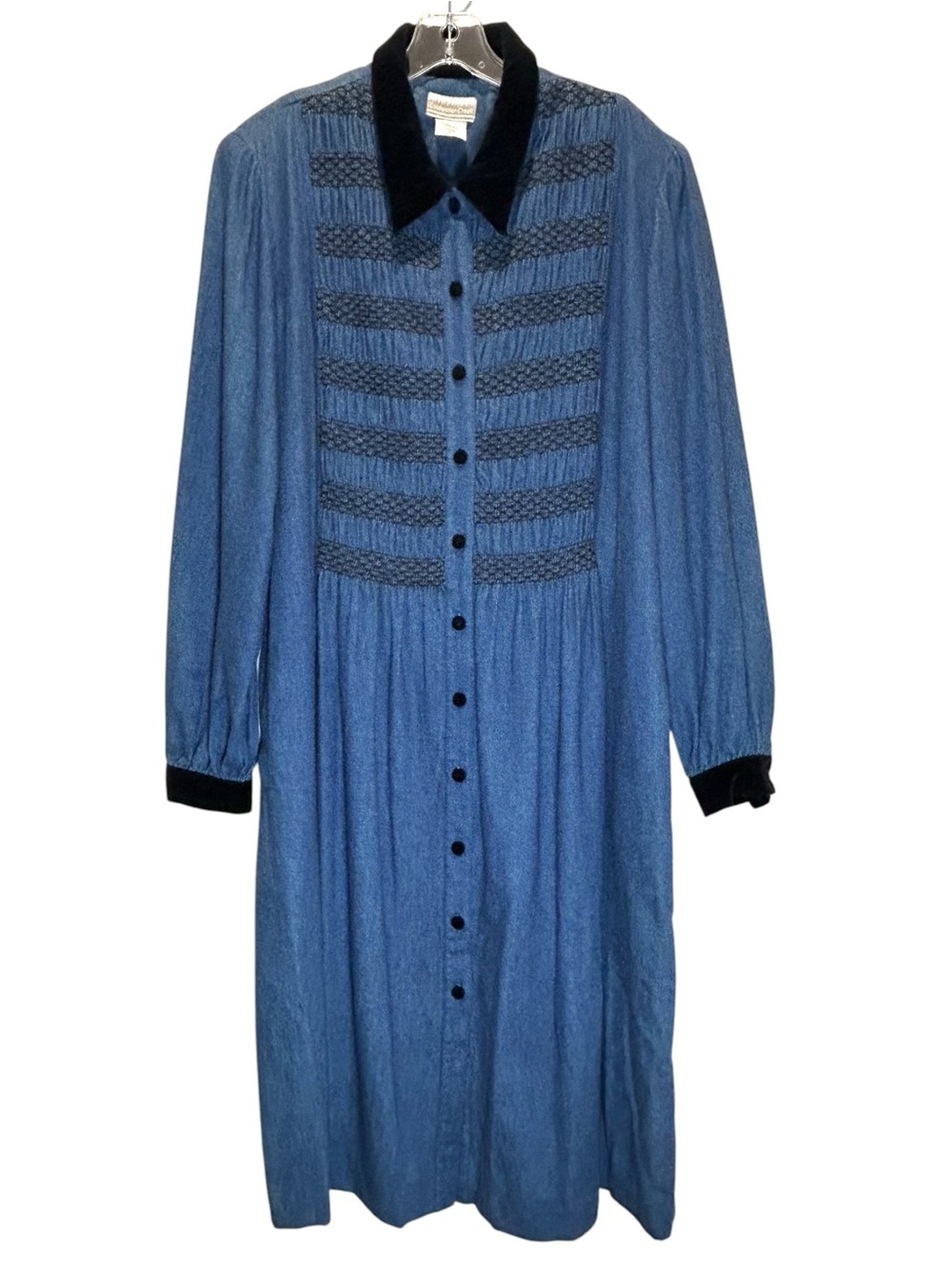 VTG 90’s Coldwater Creek Smocked Denim Midi Dress w/ Black Velvet Collar - Lar